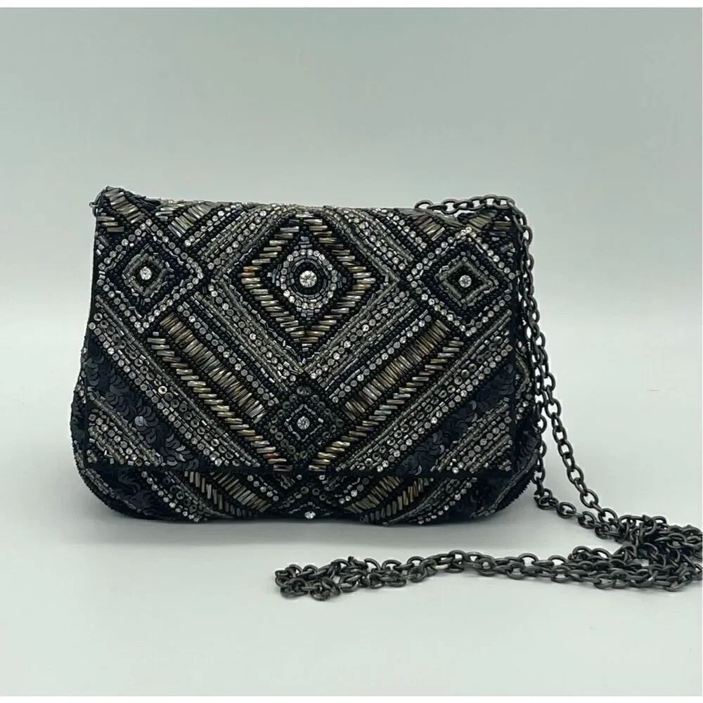 Deepa Gurnani Womens Allover Beaded Crossbody Clutch Rhinestone Eveningwear Glam